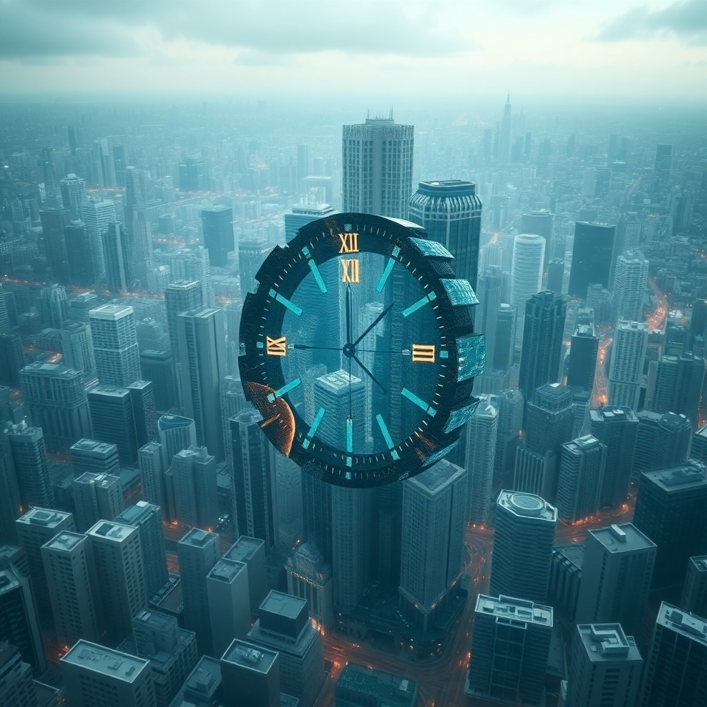 AI generated art for prompt: A surreal digital artwork depicting an abstract cityscape where buildings morph into intricate timep