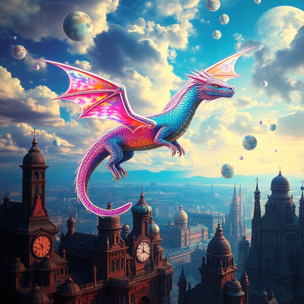 AI generated art for prompt: Picture a mesmerizing digital artwork depicting an iridescent dragon in flight over a surreal landsc