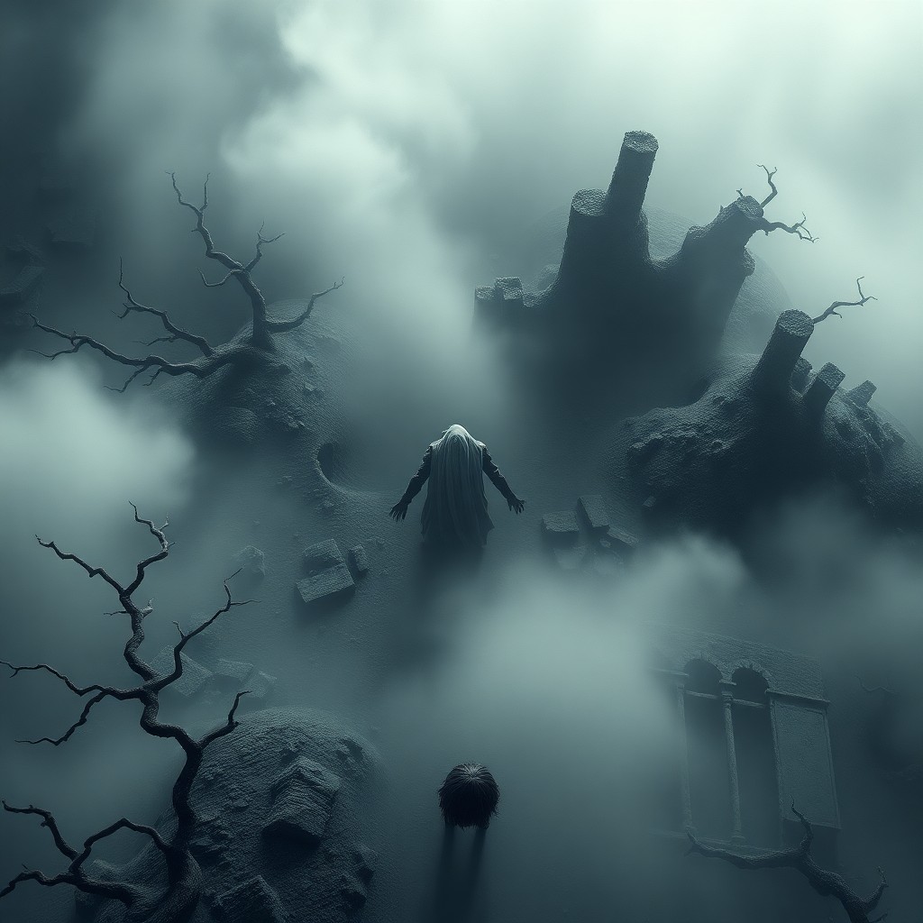 AI generated art for prompt: A mesmerizing digital artwork conveys an enigmatic scene from a bird's eye view, depicting a solitar