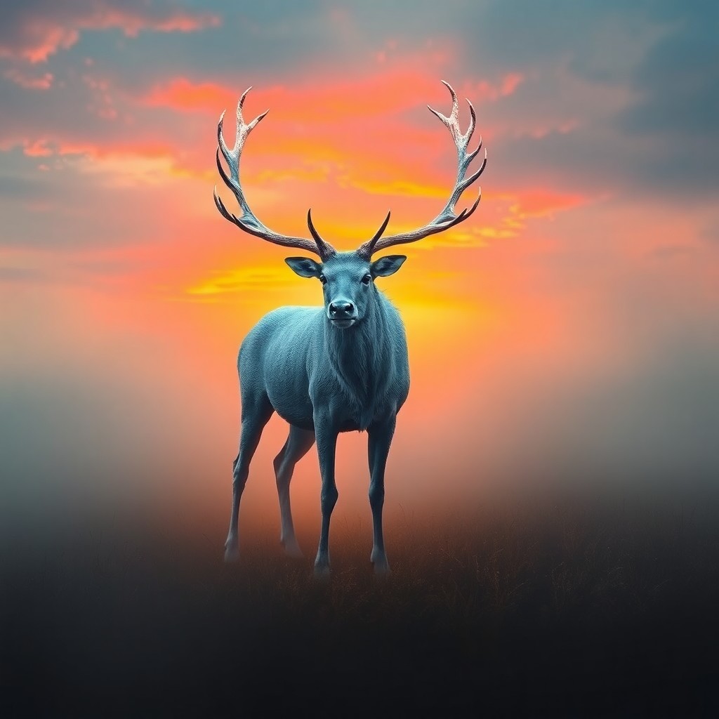 AI generated art for prompt: A majestic digital art portrait showcases a mythical white stag with shimmering antlers standing in 