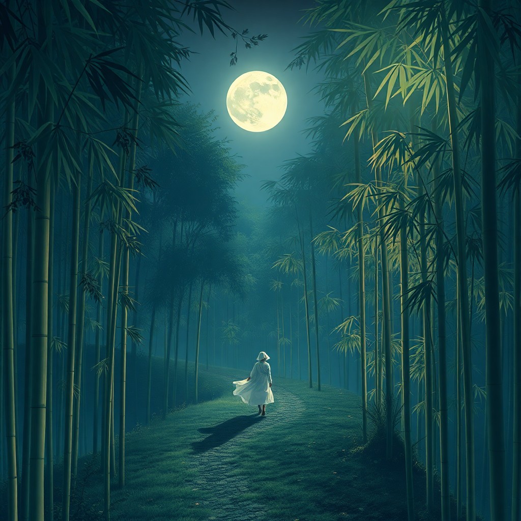 AI generated art for prompt: Envision an enchanting moonlit tableau nestled within a tranquil bamboo grove, rendered with refined