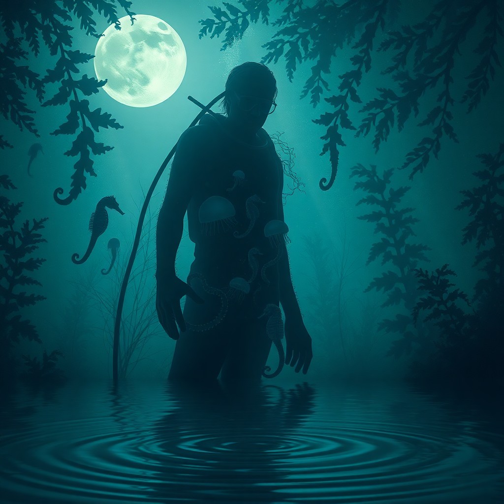 AI generated art for prompt: A surreal underwater scene depicts an enigmatic diver, bathed in mystical moonlight filtering throug