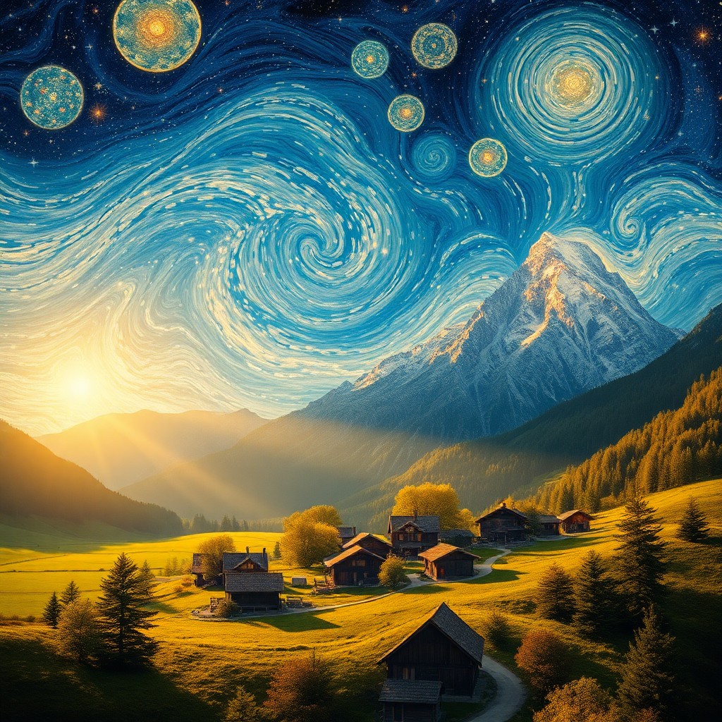 AI generated art for prompt: Create an expansive landscape painting in the manner of swirling skies reminiscent of van Gogh's ico