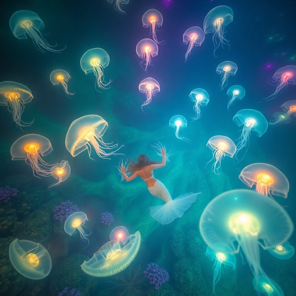 AI generated art for prompt: A dreamlike underwater paradise is revealed from an aerial viewpoint, as if seen through the eyes of