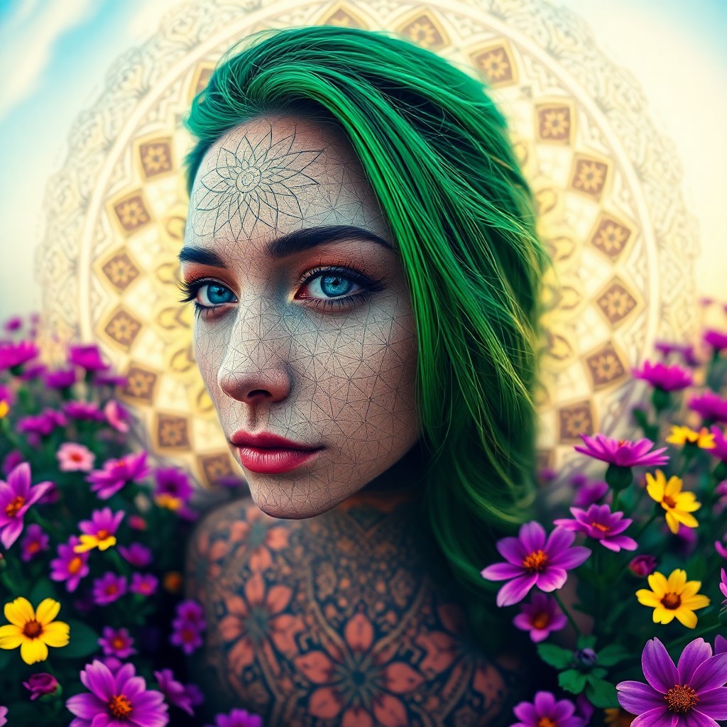 AI generated art for prompt: A mesmerizing portrait in an intricate mandala-inspired style, showcasing a tranquil woman with pier