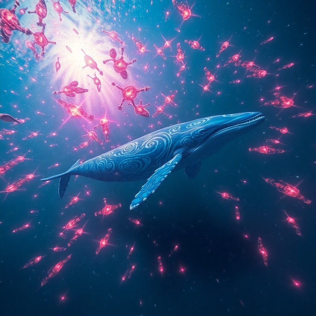 AI generated art for prompt: A surreal underwater scene depicting a vibrant blue whale with swirling patterns on its skin gracefu