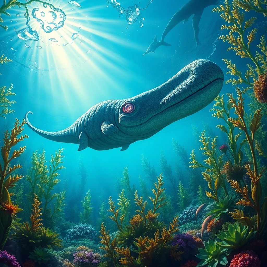 AI generated art for prompt: Imagine an enchanting underwater world reminiscent of James Gurney's "Dinotopia," where sunlight fil