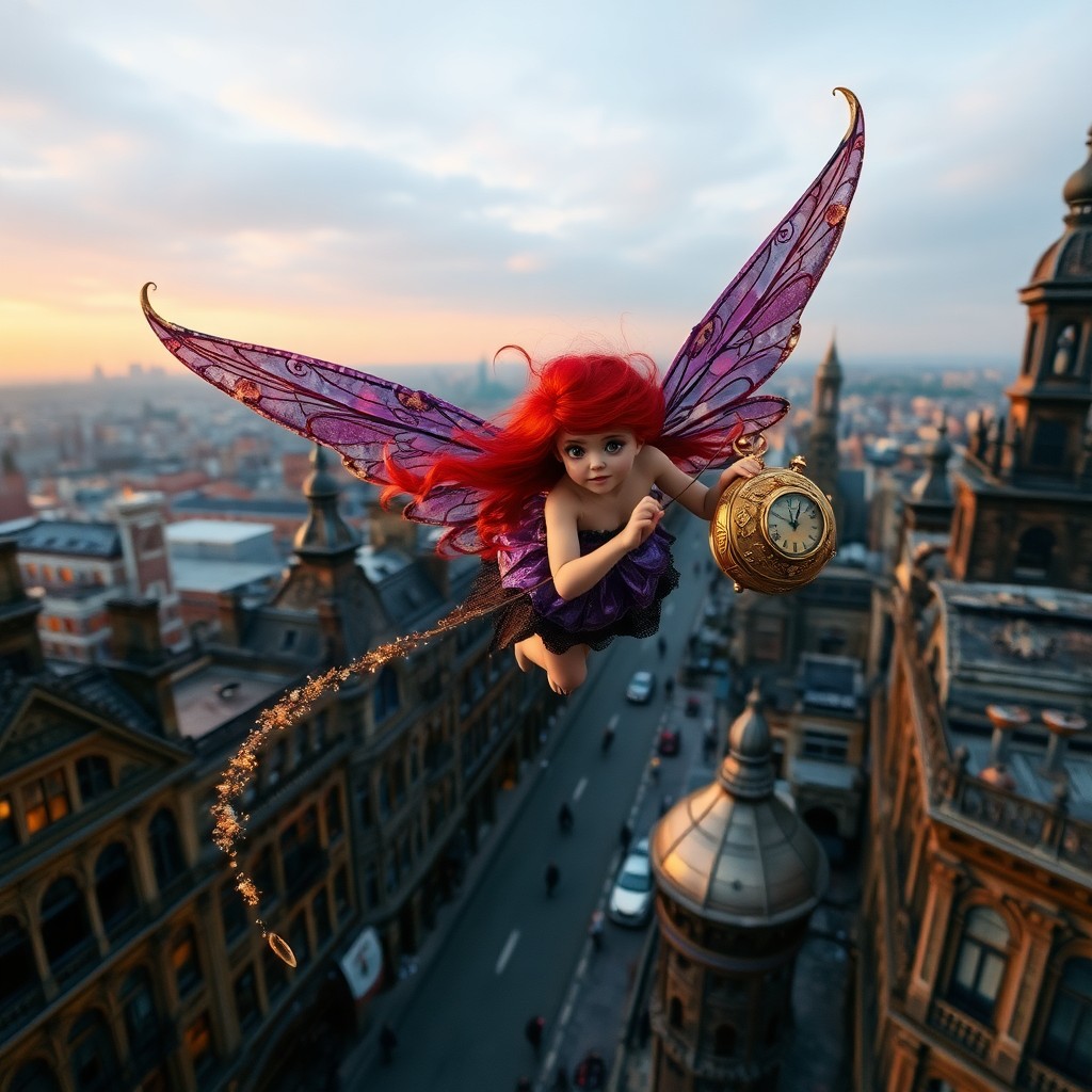 AI generated art for prompt: A whimsical fairy with vibrant red hair and metallic wings soars gracefully over a bustling Victoria