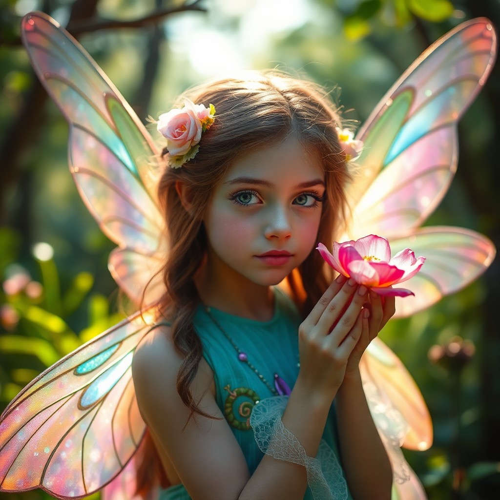 AI generated art for prompt: A mesmerizing portrait of an enchanting fairy is set against the backdrop of a verdant forest, exudi