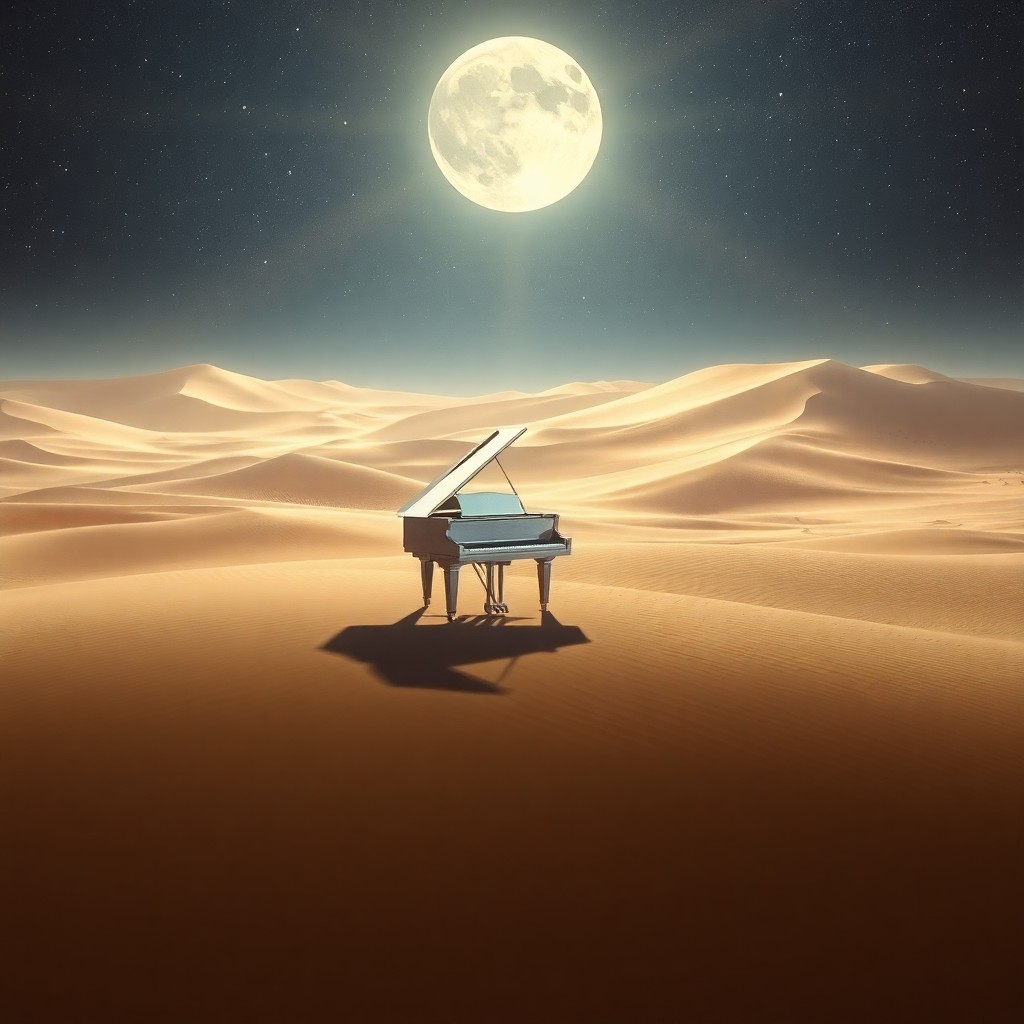 AI generated art for prompt: Imagine an otherworldly scene where a grand piano mysteriously drifts across a boundless desert land