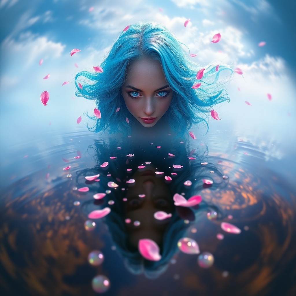 AI generated art for prompt: A digital artwork captures a surreal scene with an ethereal woman floating above a serene pond, her 