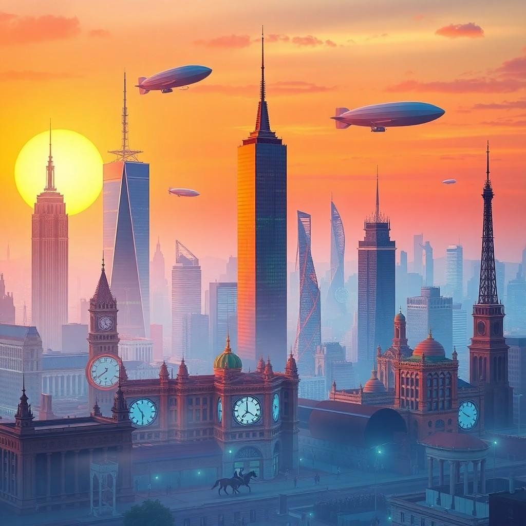 AI generated art for prompt: Imagine a surreal, dreamlike cityscape at dusk, where the sun meets the horizon casting an ethereal 