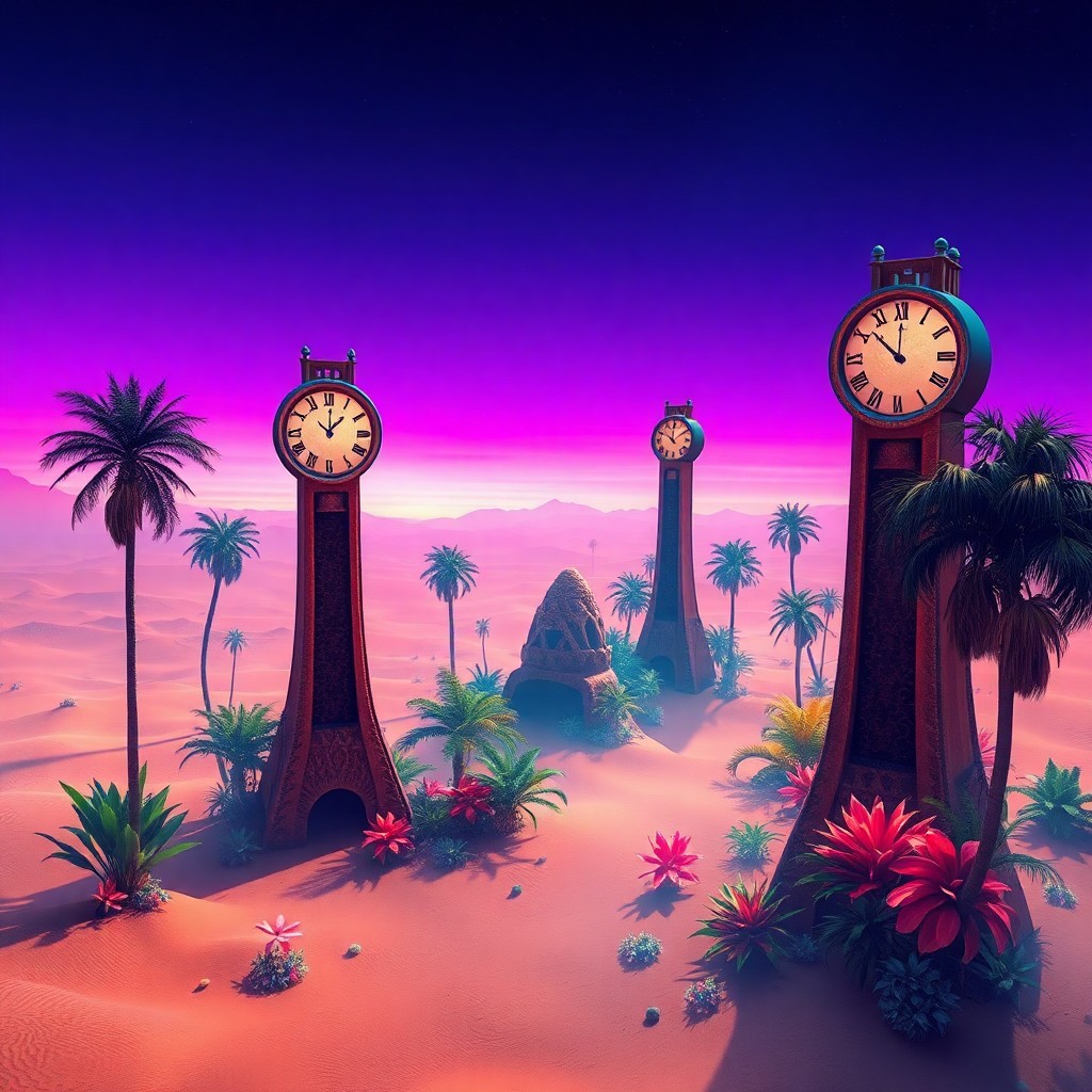 AI generated art for prompt: A mesmerizing digital artwork depicting an enigmatic desert sanctuary with towering, clock-like form