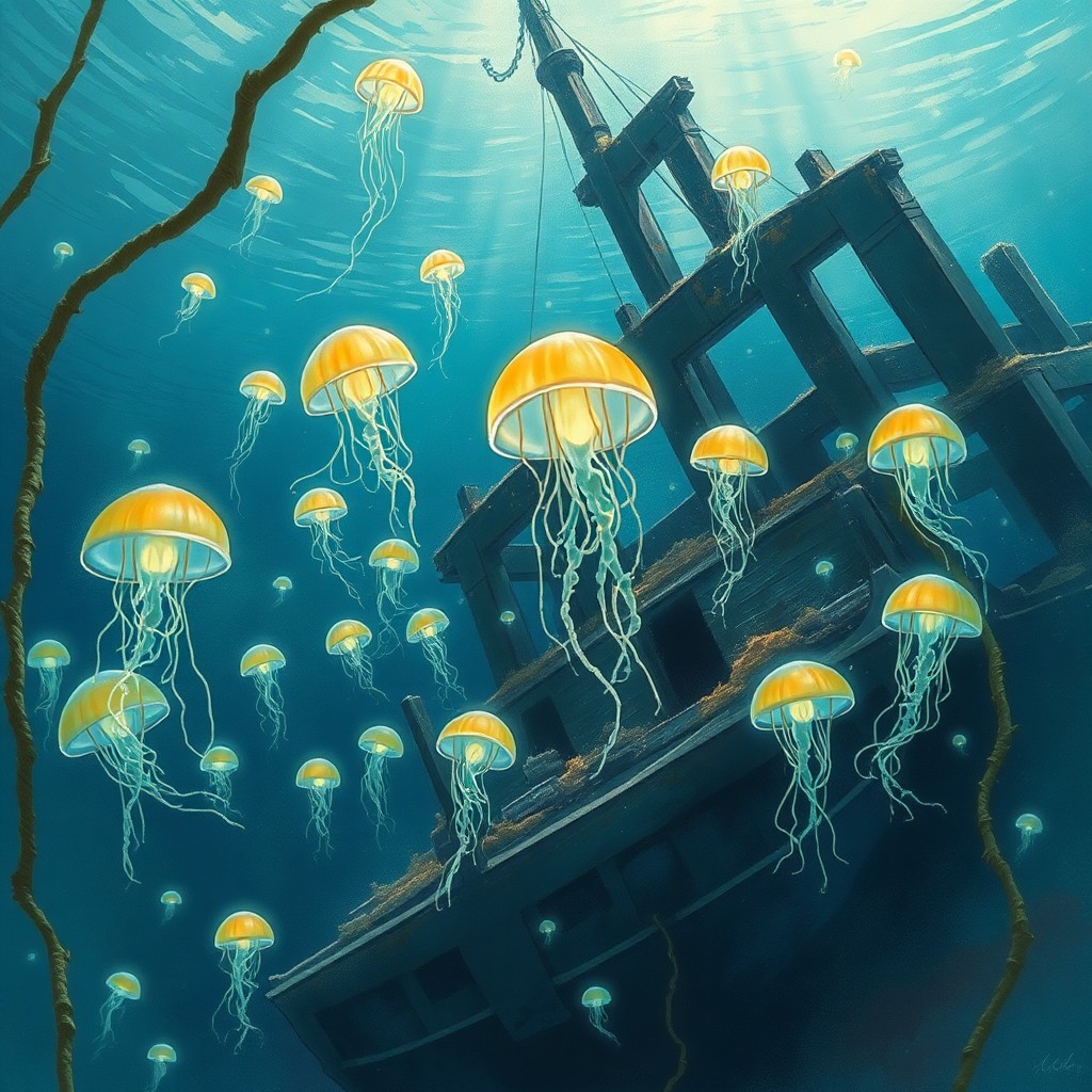 AI generated art for prompt: Envision an underwater kingdom where luminescent jellyfish perform a mesmerizing ballet around the r