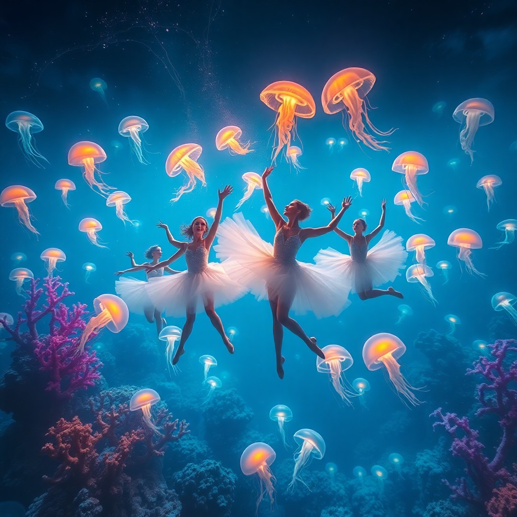 AI generated art for prompt: A surreal underwater ballet takes place in an expansive, bioluminescent ocean where mythical sea cre