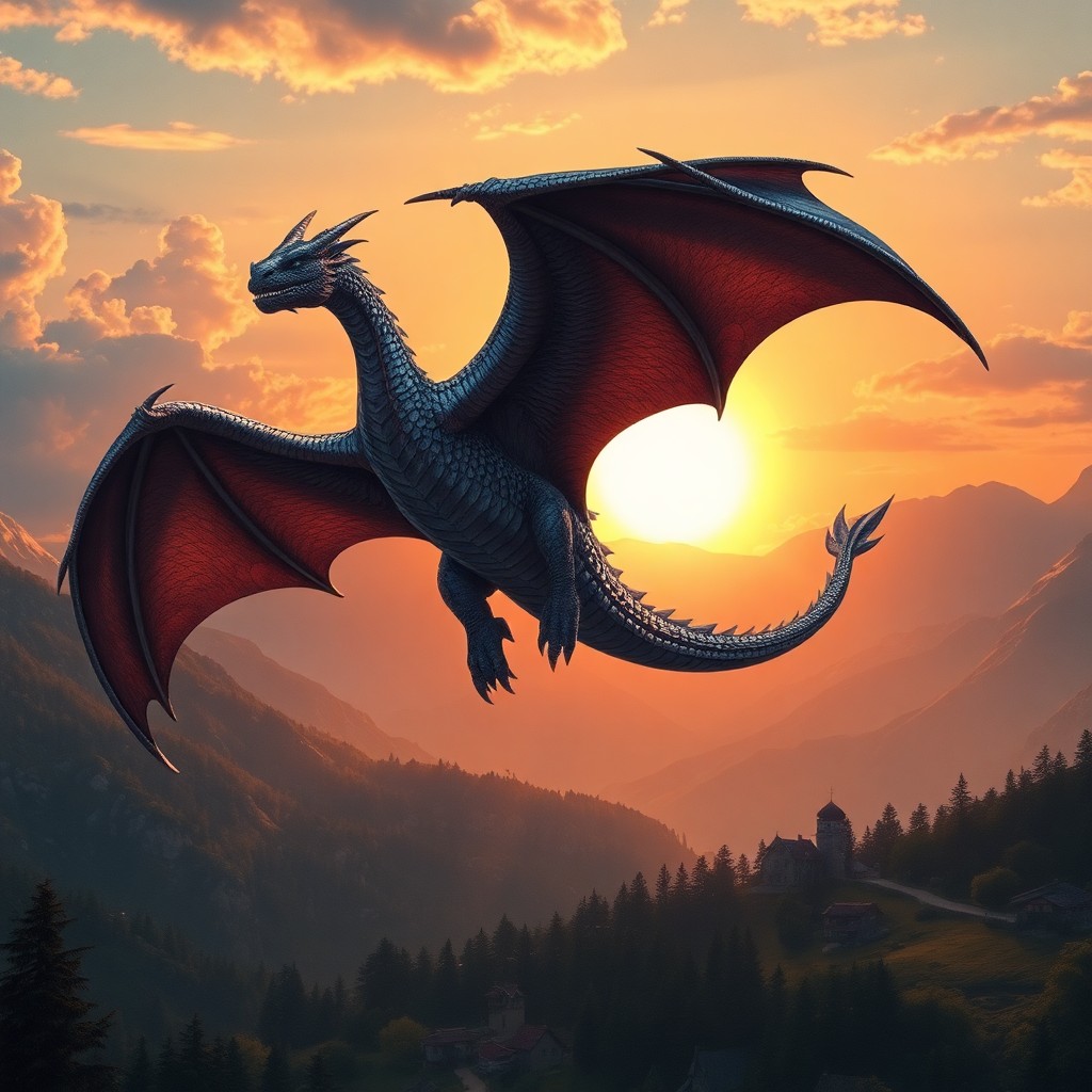 AI generated art for prompt: A majestic dragon soars through a serene sunset landscape in this high-detail digital artwork. The d