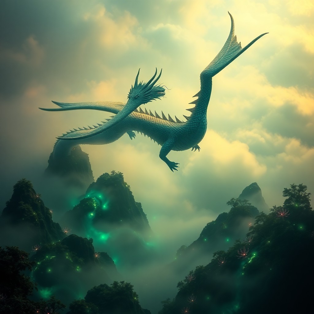 AI generated art for prompt: A surreal dreamscape unfolds, featuring an awe-inspiring dragon reminiscent of ancient Chinese folkl