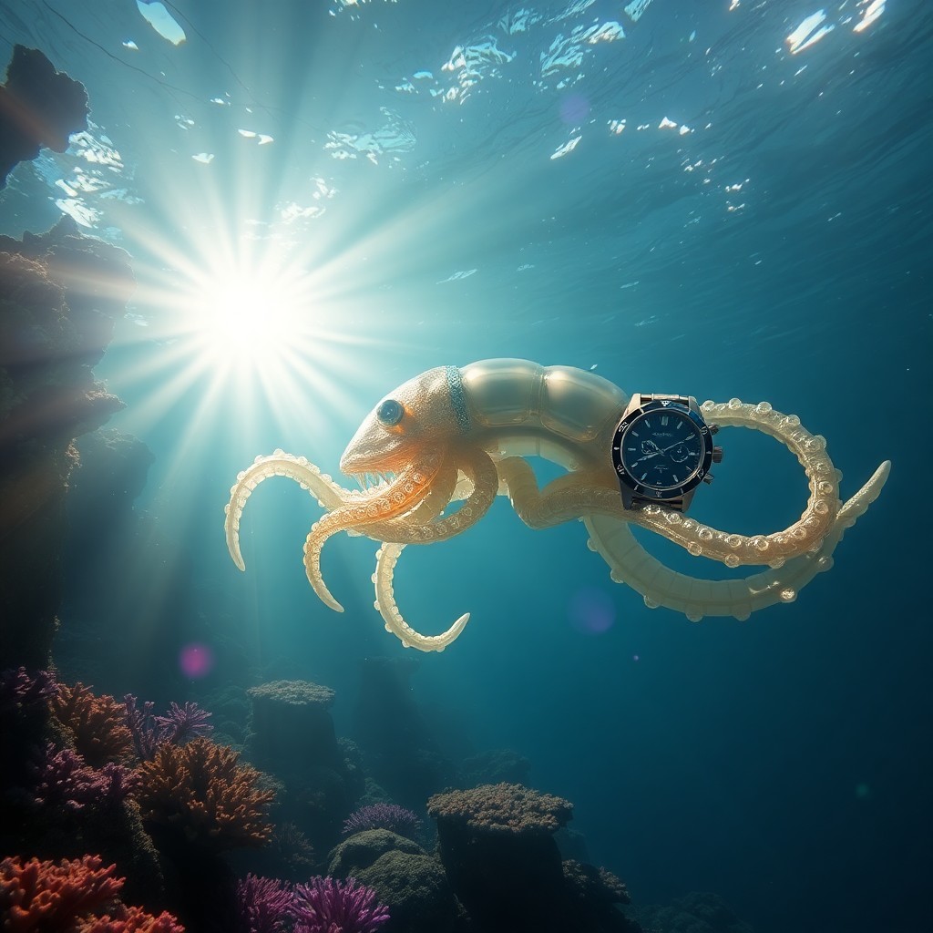 AI generated art for prompt: A surreal underwater realm where an enigmatic creature with human-like limbs and a watch adorning on