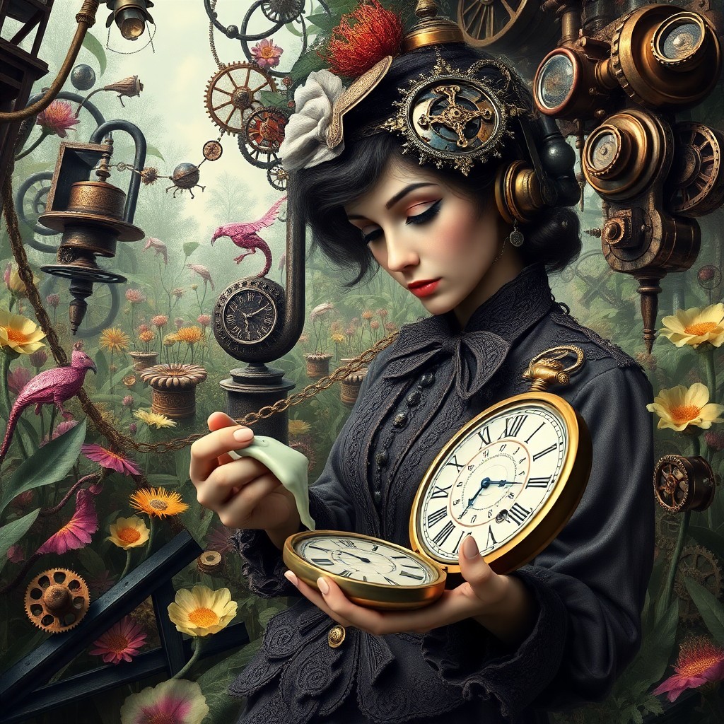 AI generated art for prompt: A surreal digital artwork depicting a whimsical blend of Steampunk motifs and Victorian-era fashion,