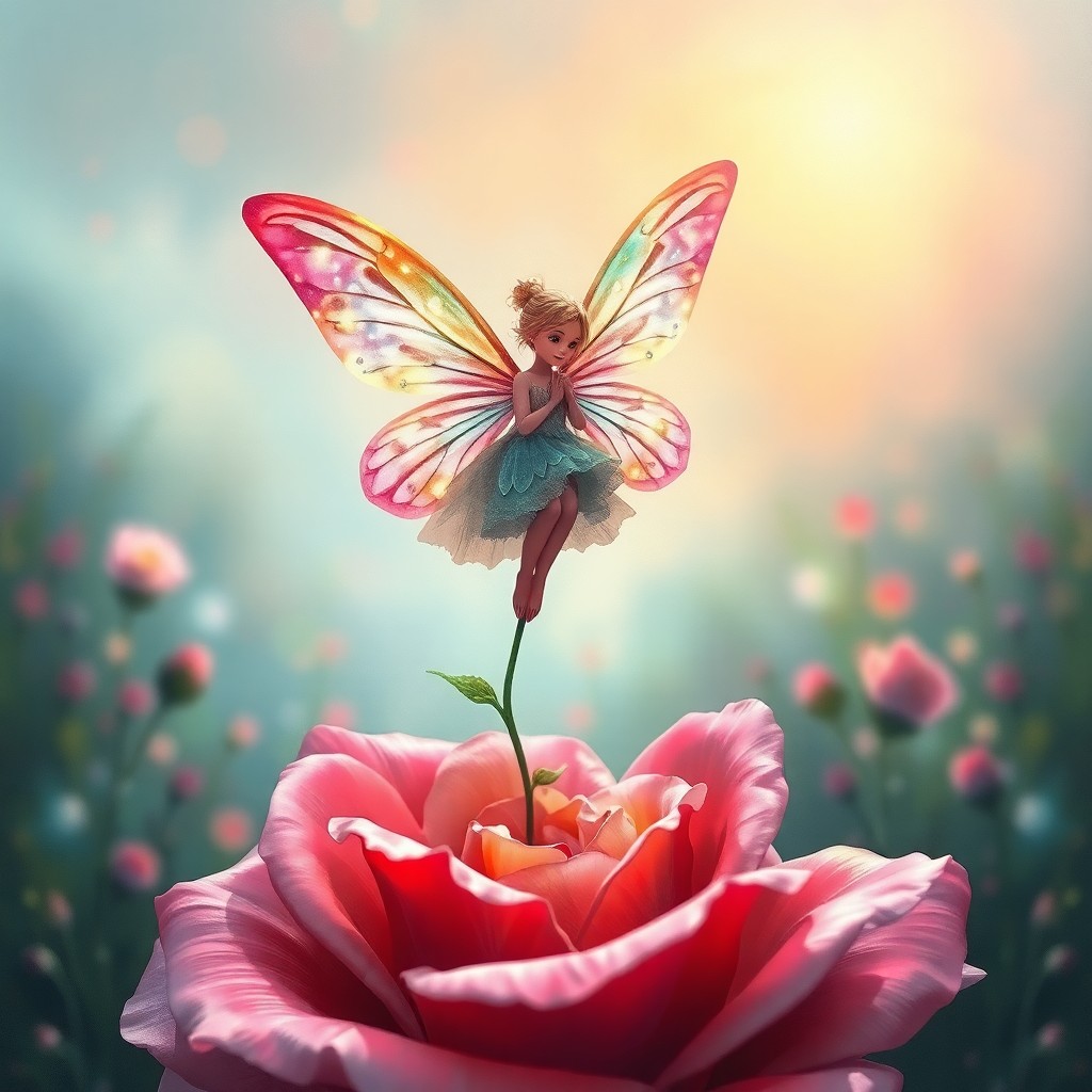 AI generated art for prompt: Craft an image in an ethereal style, capturing a whimsical scene where a delicate fairy gracefully b