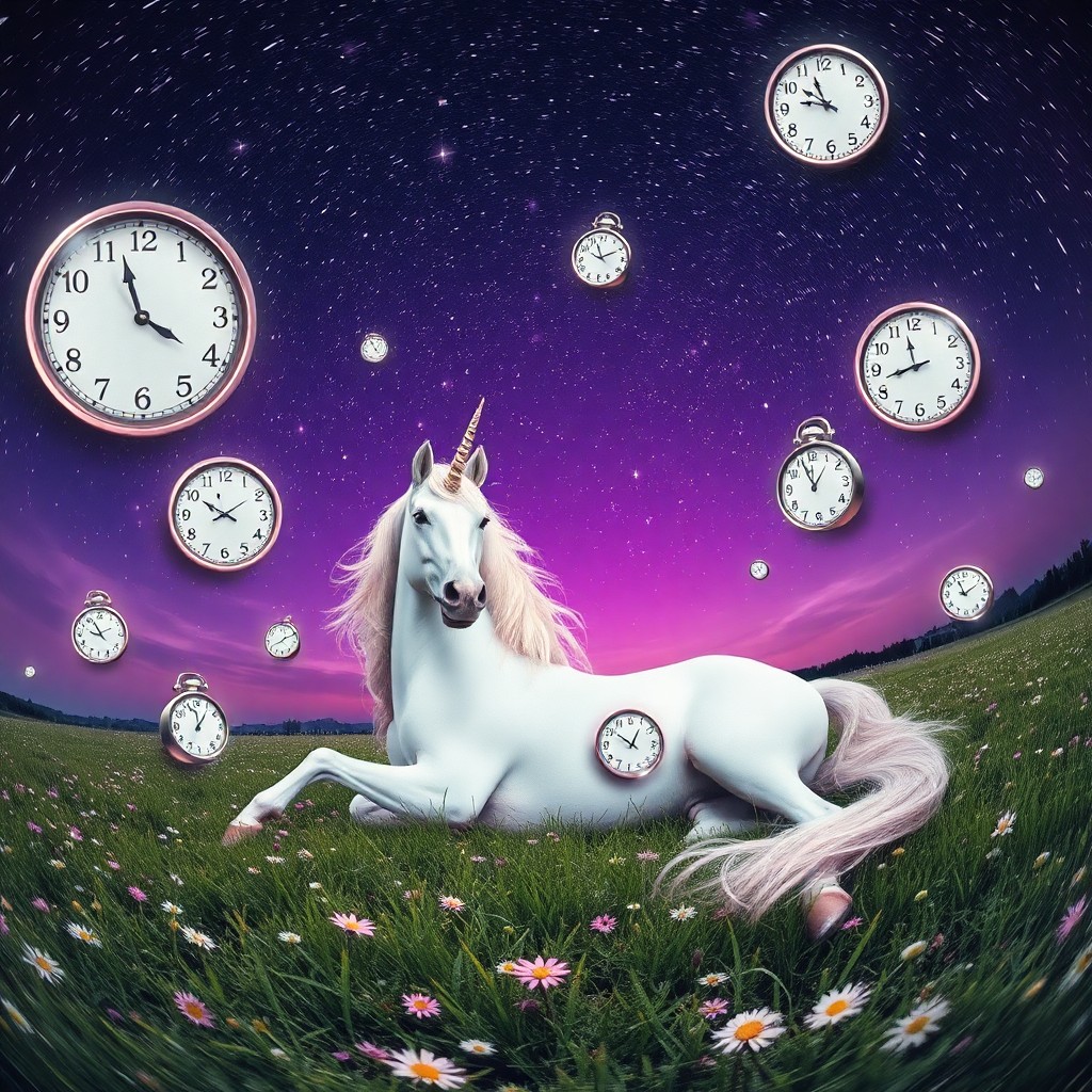 AI generated art for prompt: Craft an image reminiscent of surrealist dreamscapes, featuring a majestic unicorn reclining in a lu