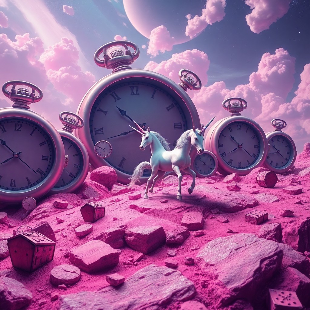 AI generated art for prompt: A dreamlike landscape emerges, reminiscent of surreal art, where distorted timepieces coalesce into 