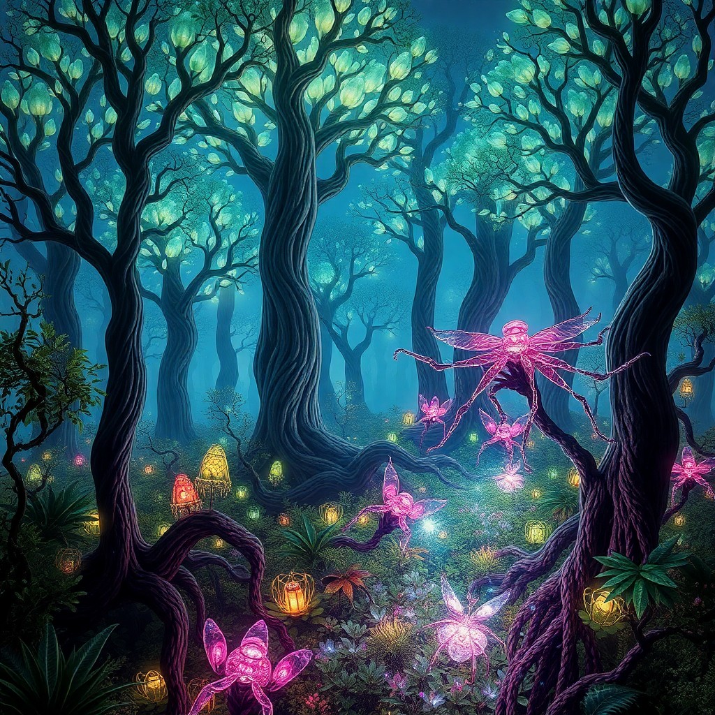 AI generated art for prompt: Craft an image reminiscent of intricate, surreal landscapes, portraying a mystical forest with human