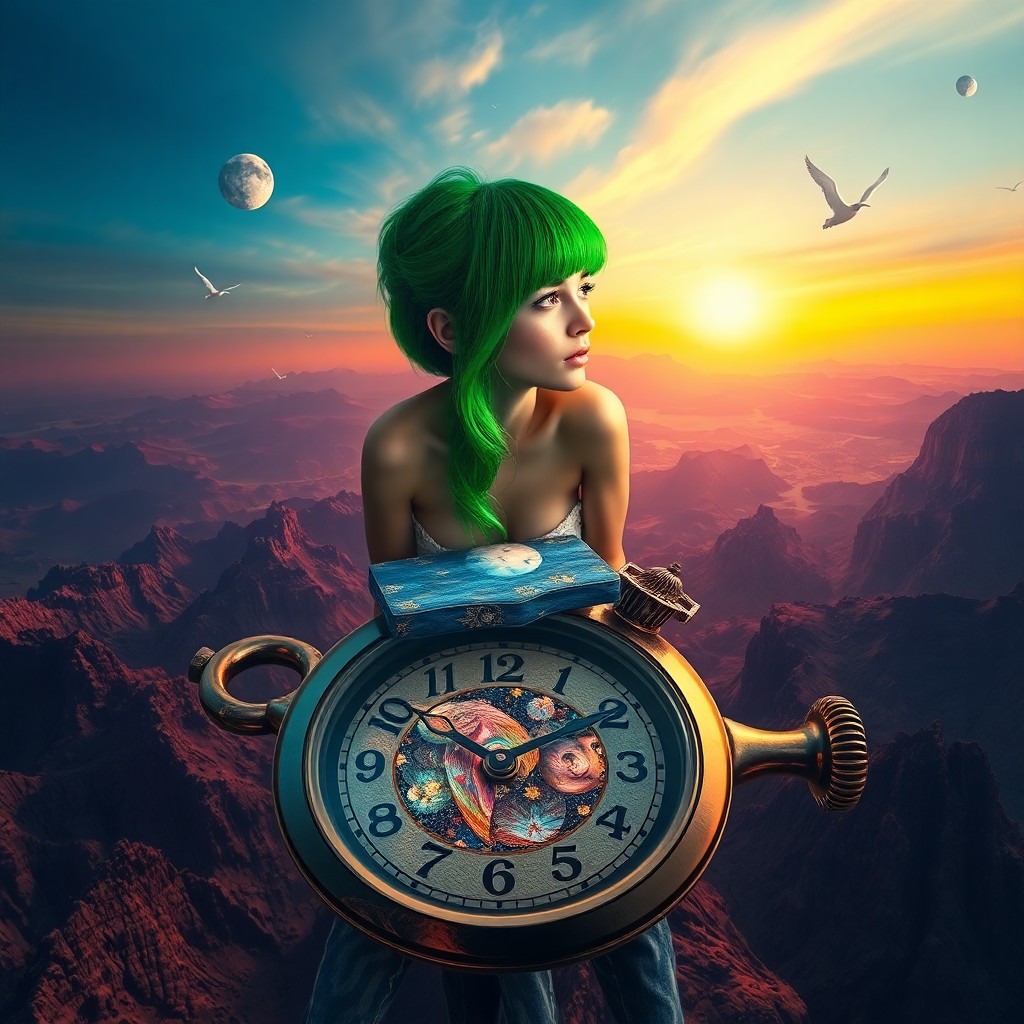 AI generated art for prompt: A surreal portrait of a woman with striking green hair sits atop an enigmatic floating timepiece ami