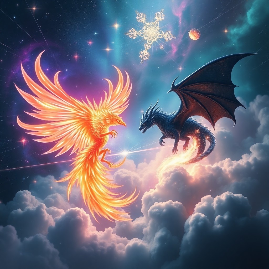 AI generated art for prompt: An awe-inspiring digital artwork depicting an otherworldly battle between a luminous phoenix and a c