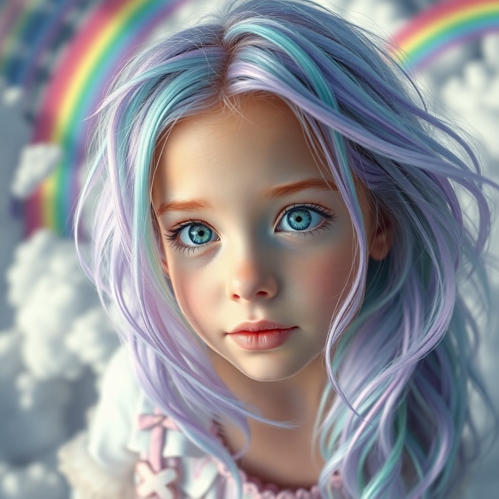 AI generated art for prompt: A captivating digital art portrait in a whimsical style evokes Lisa Frank's essence, portraying a yo