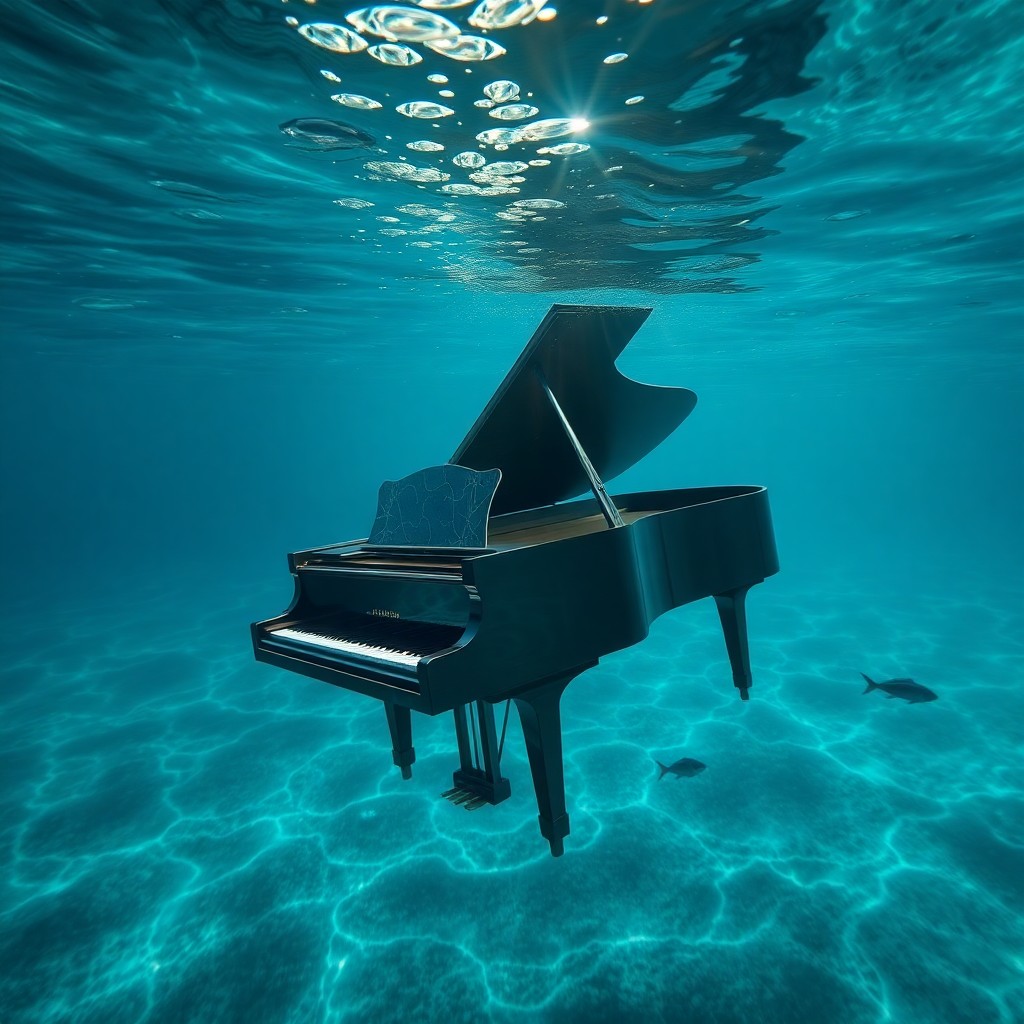 AI generated art for prompt: An image depicting an elegant grand piano gracefully floating amidst the tranquil depths of an expan