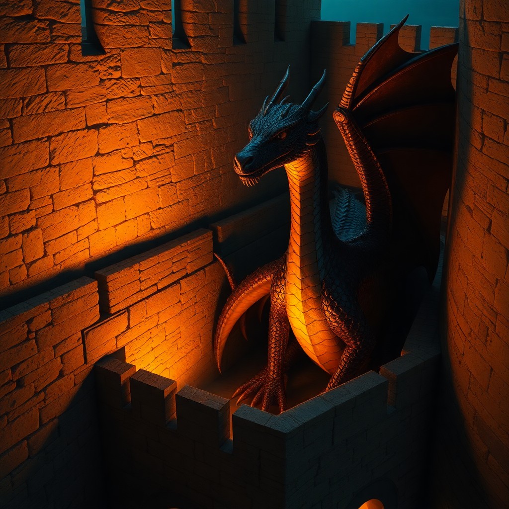 AI generated art for prompt: In the evocative style reminiscent of Hopper's iconic scene, craft an image capturing a regal dragon