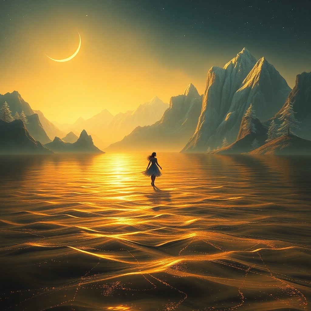 AI generated art for prompt: A surreal digital painting depicting an expansive ocean of liquid gold extending towards a horizon o