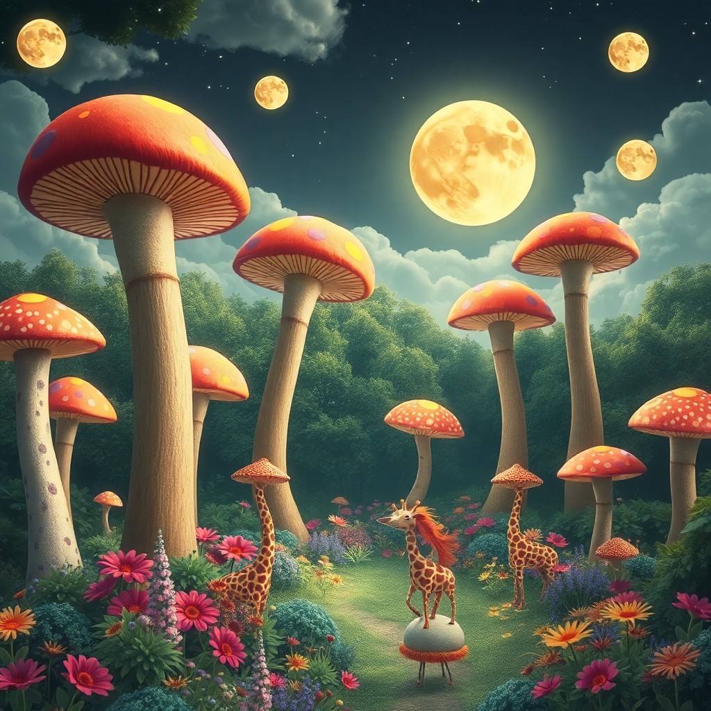 AI generated art for prompt: A whimsical digital art scene captures an aerial view of an enchanting forest, filled with towering 