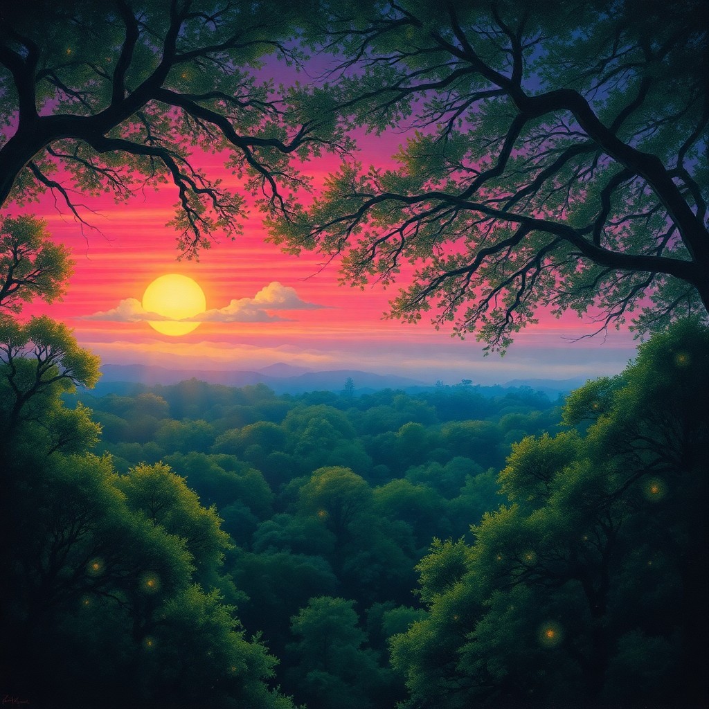 AI generated art for prompt: A mesmerizing oil painting captures an ethereal forest scene from above in the style reminiscent of 