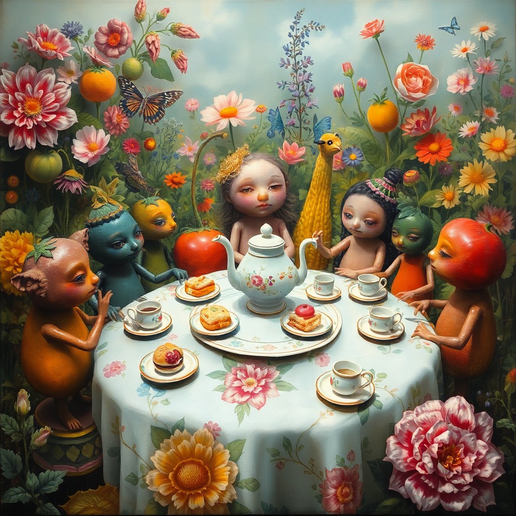 AI generated art for prompt: Imagine a surrealistic painting capturing the whimsical essence of a magical garden tea party, seen 