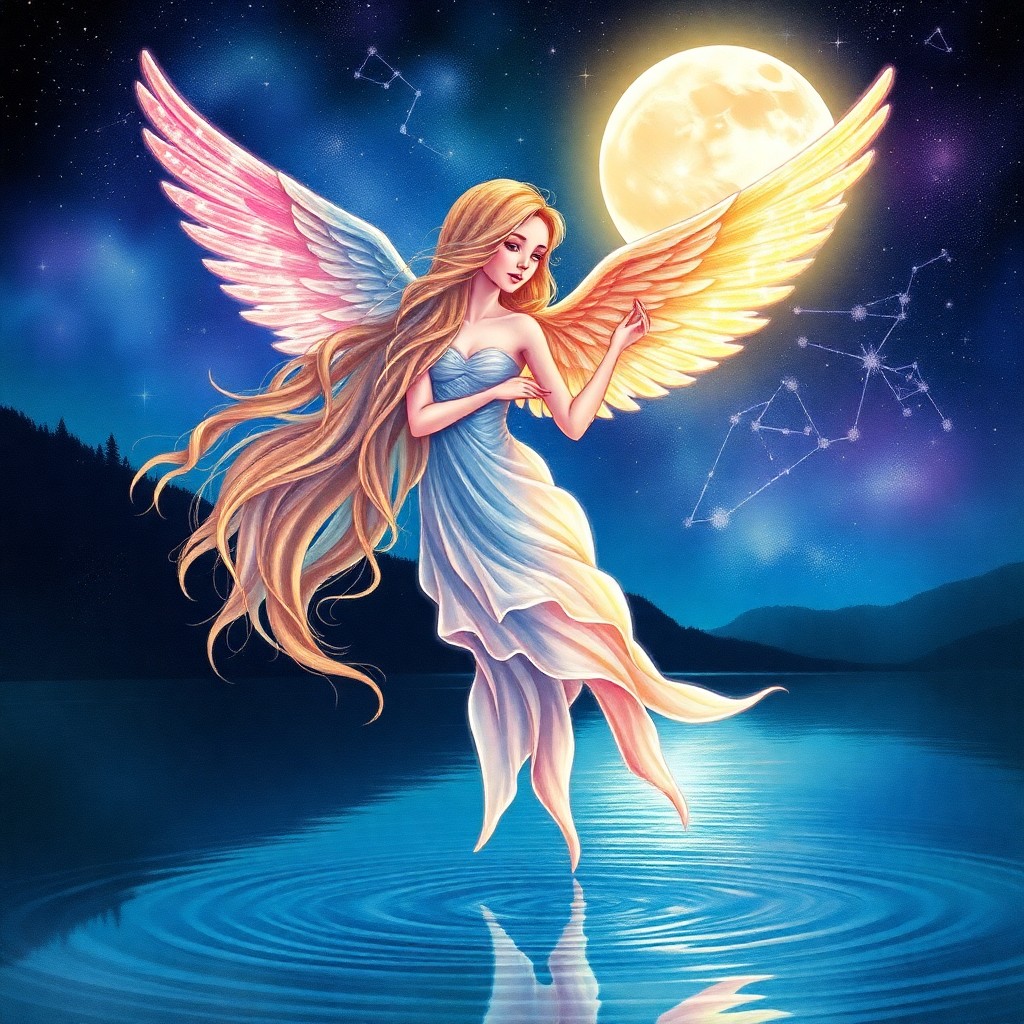 AI generated art for prompt: A celestial maiden with cascading, iridescent hair and luminous wings hovers above a serene lake, he