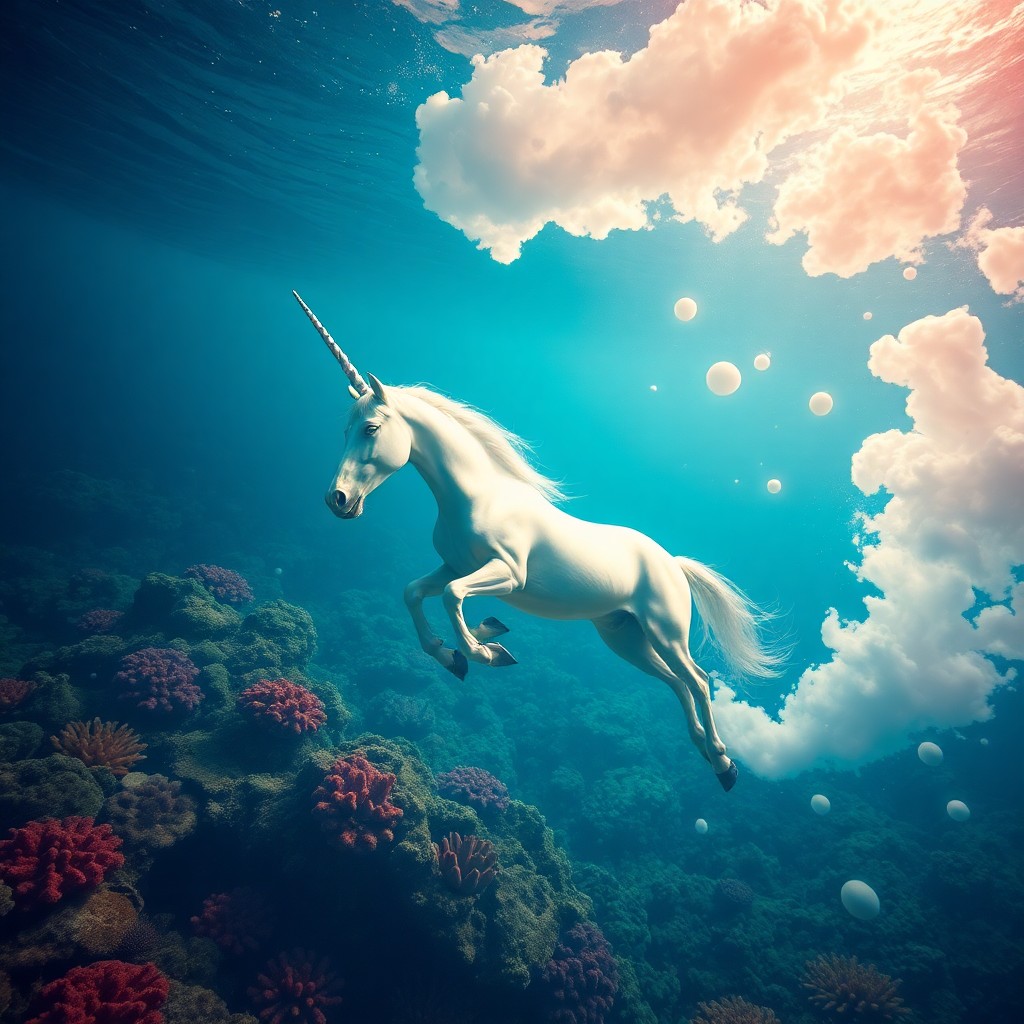 AI generated art for prompt: A surreal underwater dreamscape featuring a majestic unicorn gracefully swimming through an otherwor