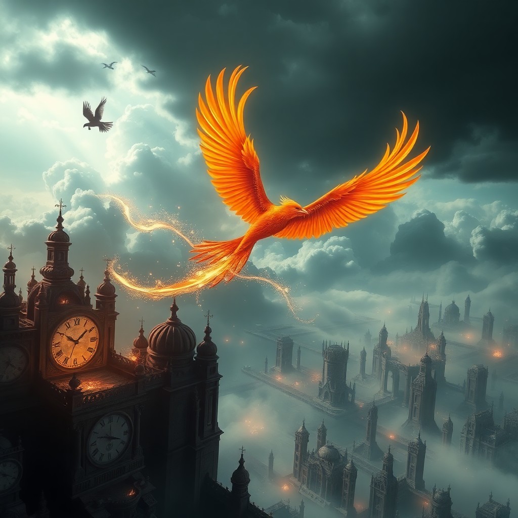 AI generated art for prompt: A digital artwork depicting a surreal landscape with an aerial view of a majestic phoenix soaring th