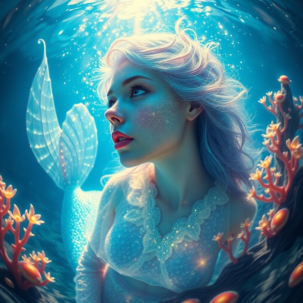 AI generated art for prompt: A captivating portrait in the style of surrealistic painting showcases an ethereal aquatic goddess w