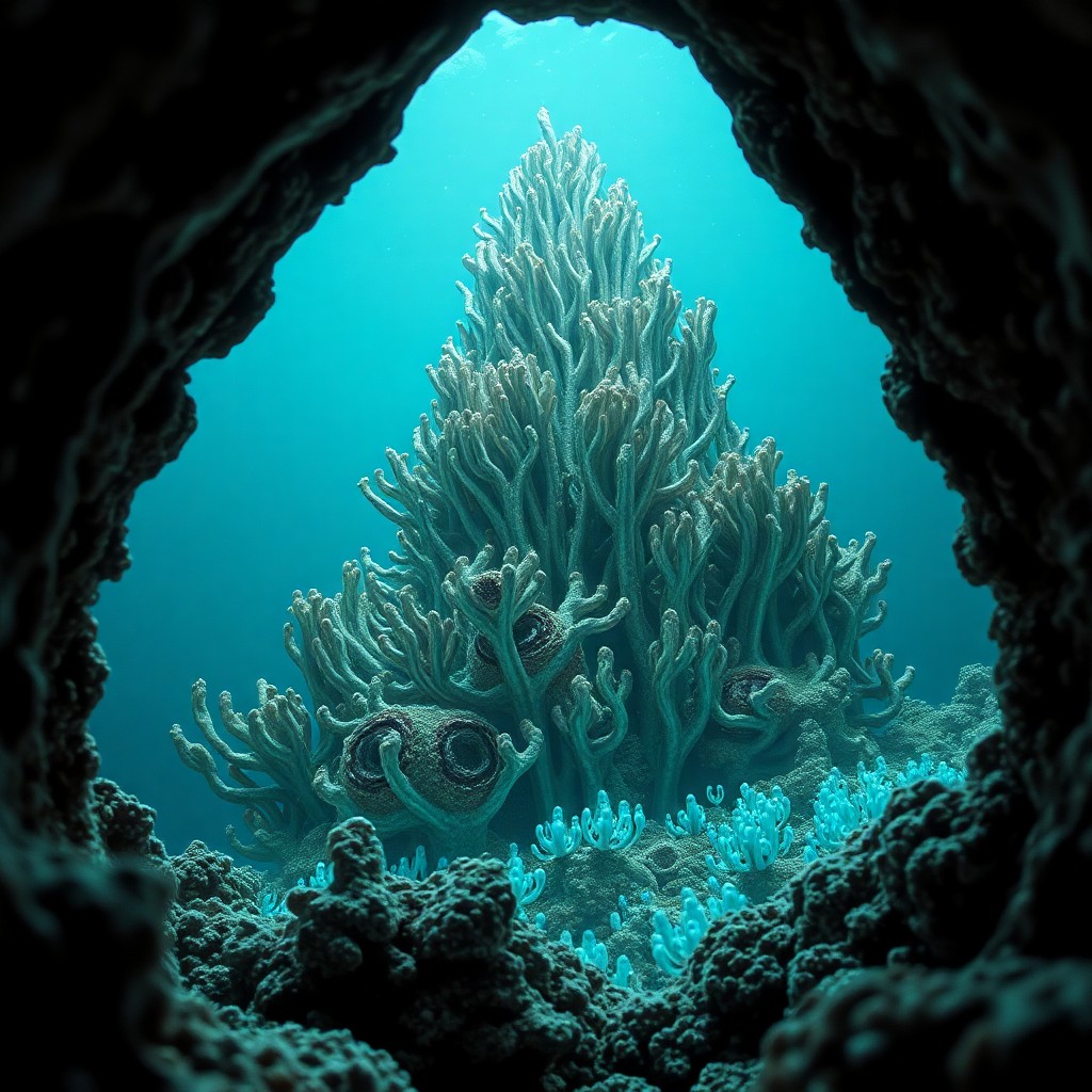 AI generated art for prompt: Visualize an enigmatic underwater realm characterized by a colossal metallic coral formation towerin