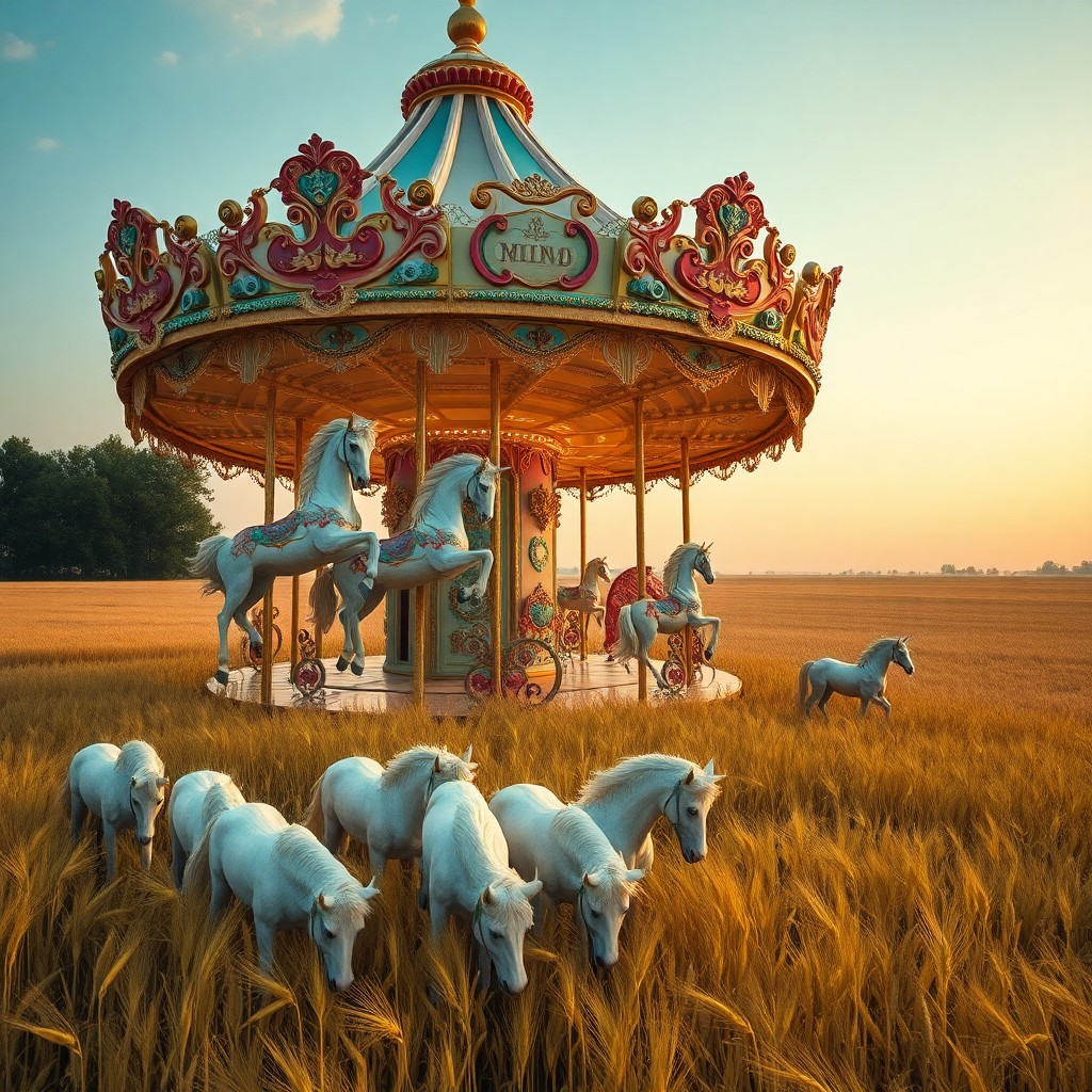 AI generated art for prompt: An aerial perspective reveals an enchanting scene where a whimsical carousel floats amidst expansive