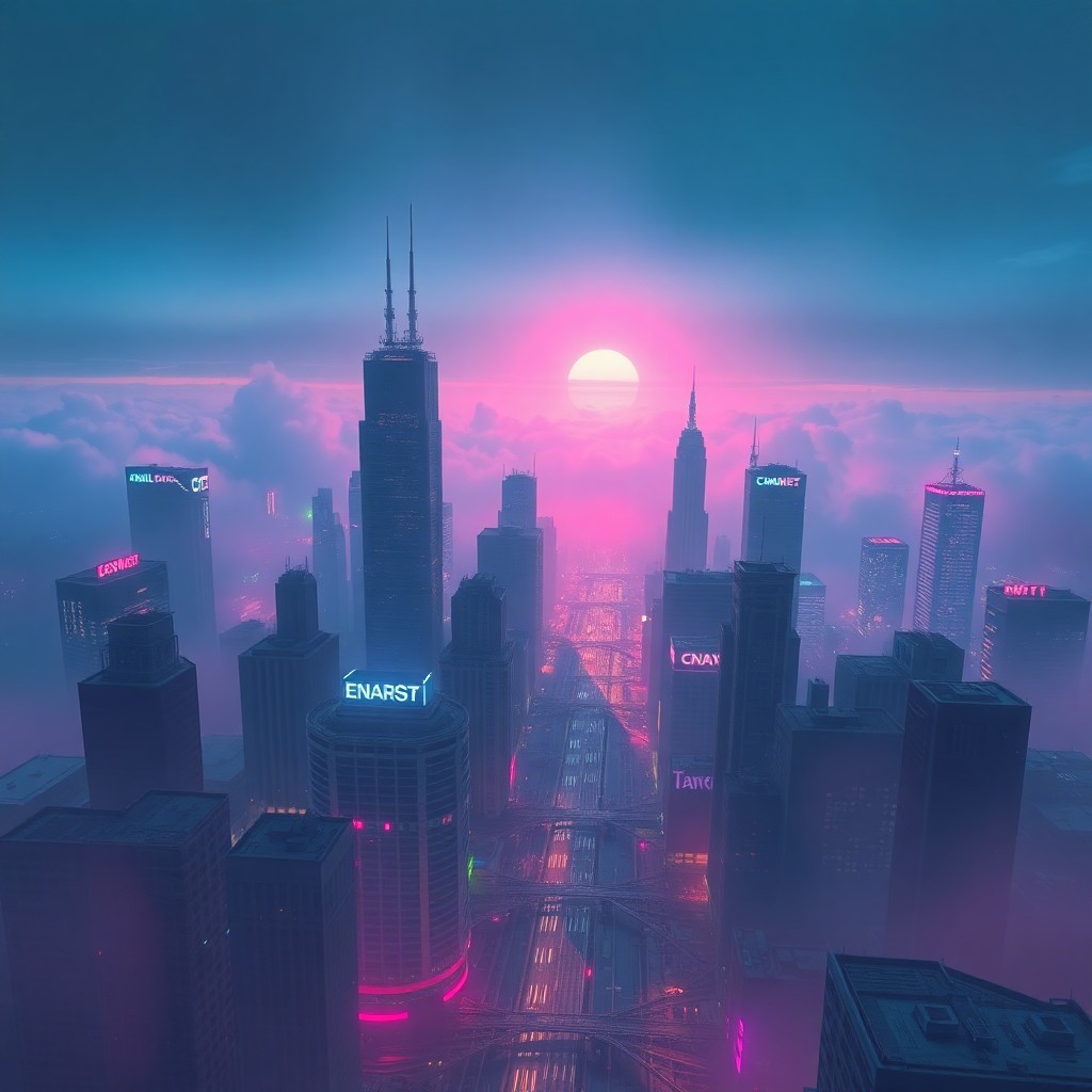 AI generated art for prompt: A cityscape bathed in the soft light of dawn rises from the horizon's veil of mist, seen from the pi