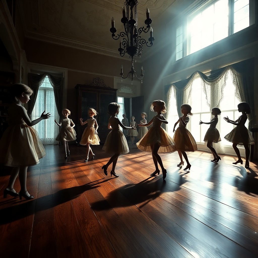 AI generated art for prompt: Dive into an enigmatic Victorian parlor where whimsical automaton children perform intricate dances 