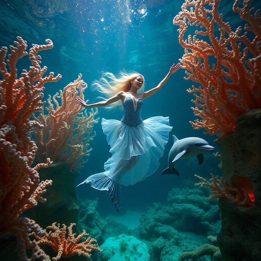 AI generated art for prompt: In an enchanting underwater ballet, a graceful mermaid dances gracefully among intricate sea sculptu