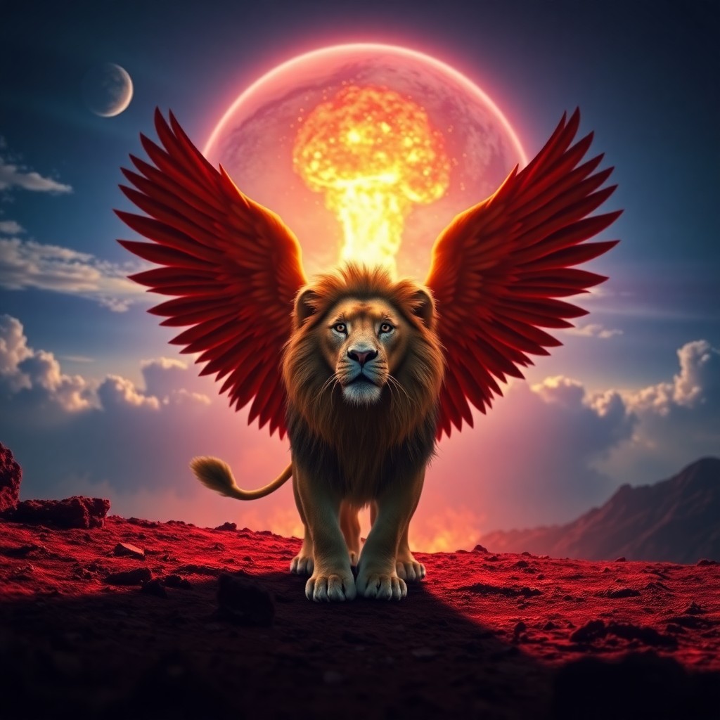 AI generated art for prompt: In this mesmerizing digital creation, a regal winged lion commands attention in the foreground again