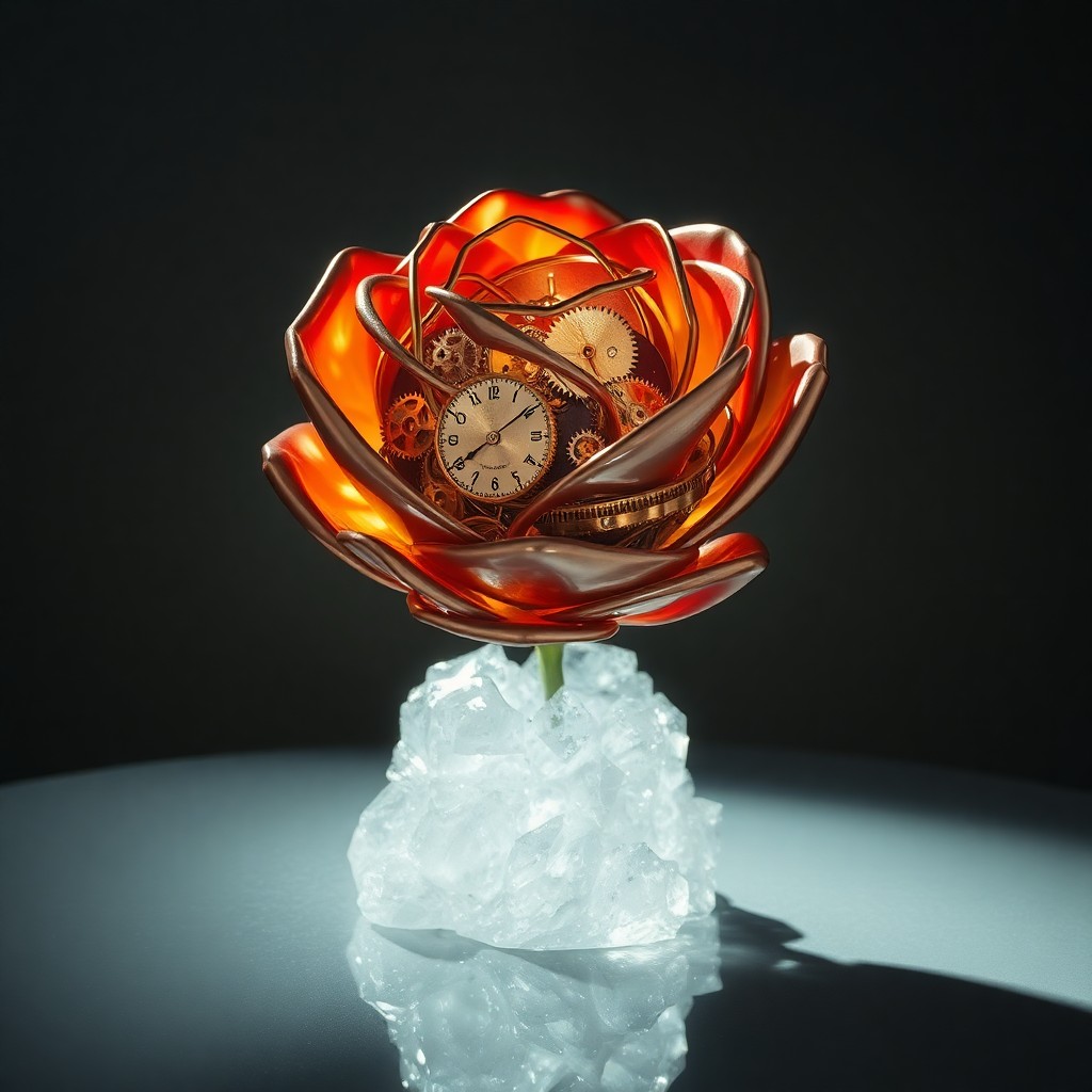 AI generated art for prompt: An intricate mechanical bloom, resembling a rose, is intricately designed with clockwork gears and c