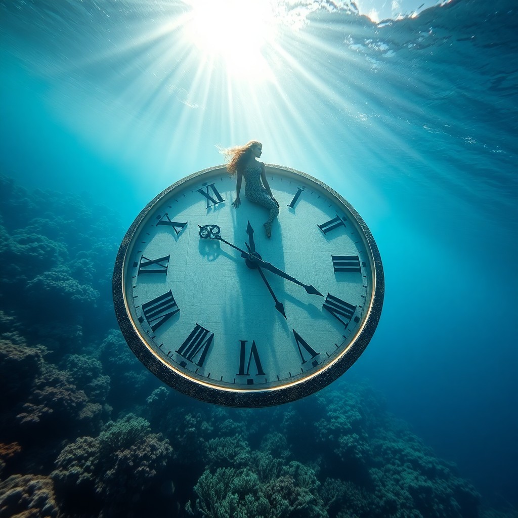 AI generated art for prompt: A surreal underwater scene unfolds with a majestic mermaid riding atop an immense floating clock fac