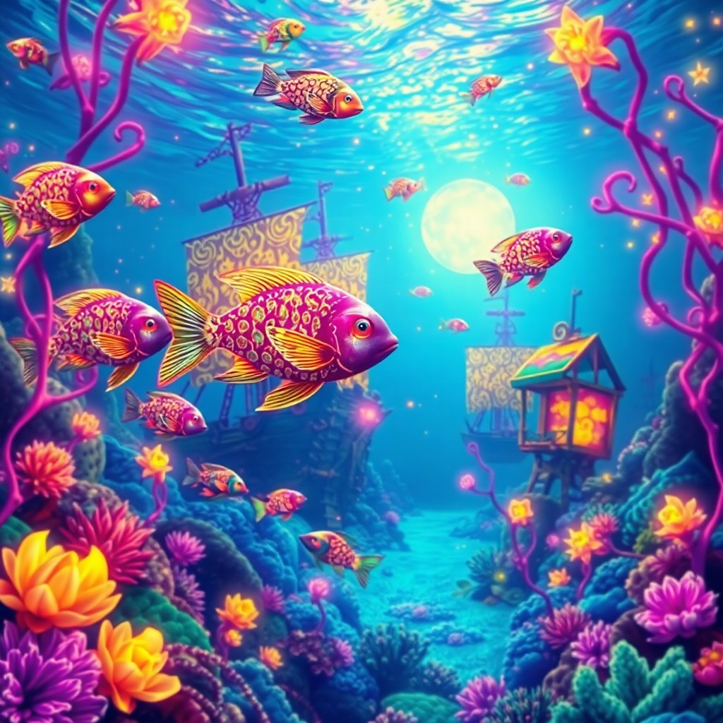 AI generated art for prompt: Craft an alluring digital artwork reminiscent of Lisa Frank's enchanting universe, depicting a capti