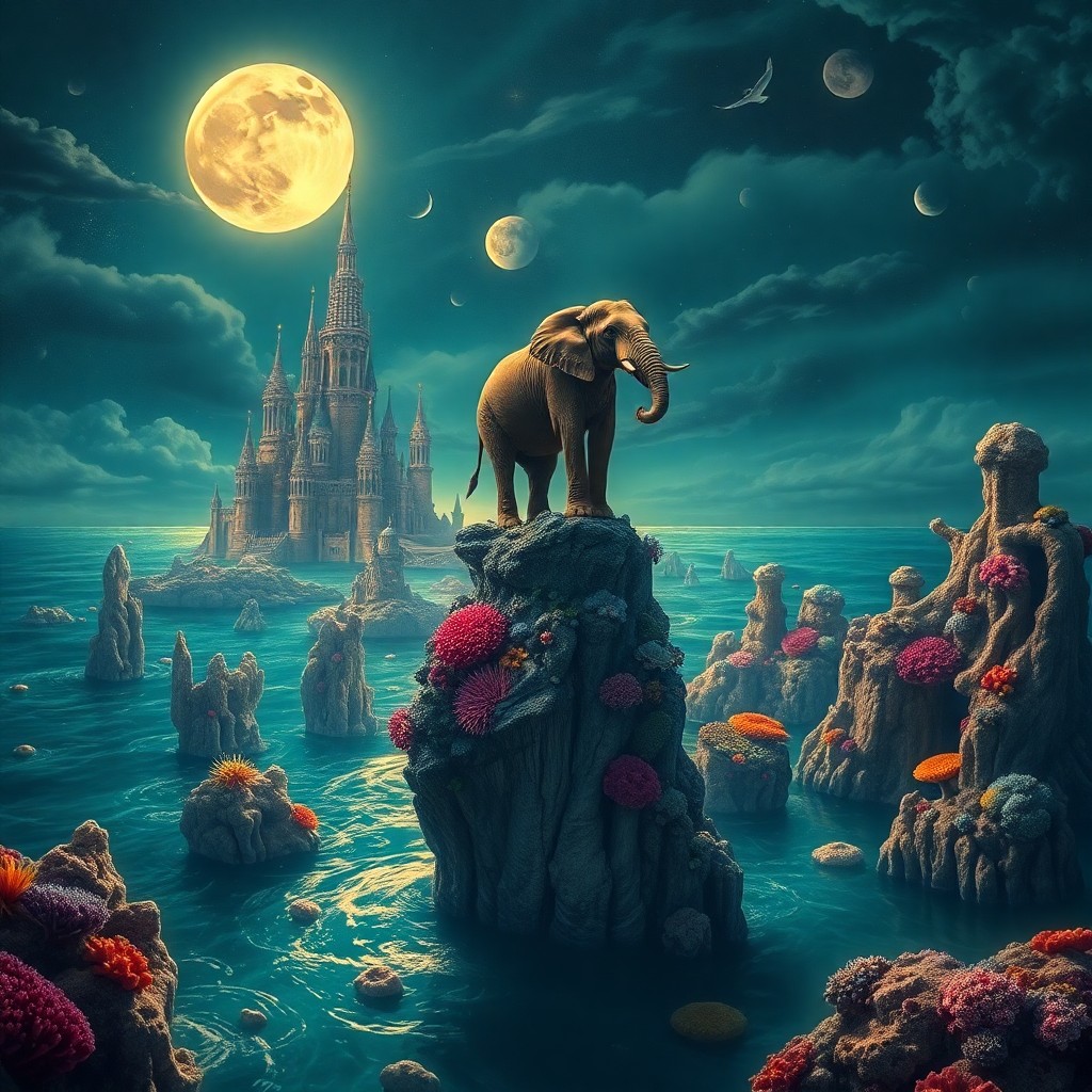 AI generated art for prompt: A dreamlike seascape captures a moonlit night on an enchanting ocean, reminiscent of Dalí's surreali